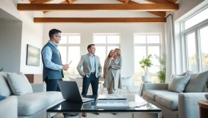 Engage with a real estate agent showcasing a modern home interior to prospective buyers.