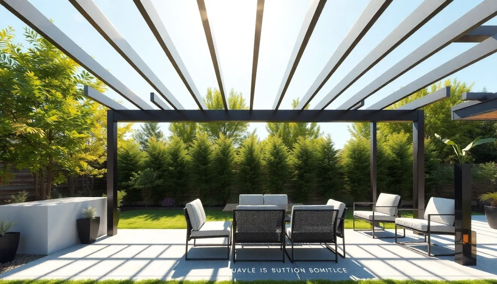 Elegant modern steel pergola creating a stylish outdoor space with inviting ambiance.
