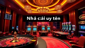 Professional gamblers enjoying games at a Nhà cái uy tín casino, with vibrant tables and slot machines.