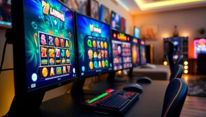 Petani toto bermain slot online dengan efek pencahayaan ceria dan suasana yang energik.