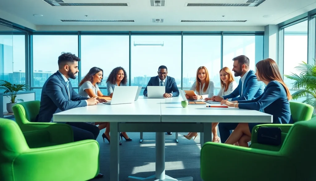 Business professionals collaborating in a bright office setting, showcasing teamwork and productivity.