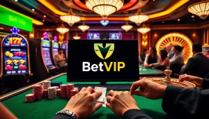Trải nghiệm sự phấn khích của BetVIP với hình ảnh casino sống động, làm nổi bật những chiếc chip và bánh xe roulette.