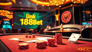Link 188bet mới nhất showcased in an exciting online casino scene with players at tables.