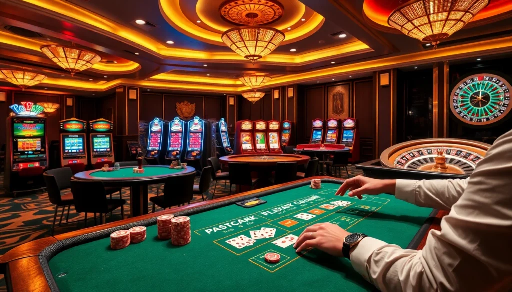 Experience thrilling games at F168 casino with vibrant slot machines and glamorous poker tables.