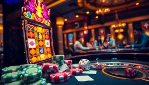 Spinning raja barong slot machine with vibrant casino ambiance, shimmering chips, and excited players.