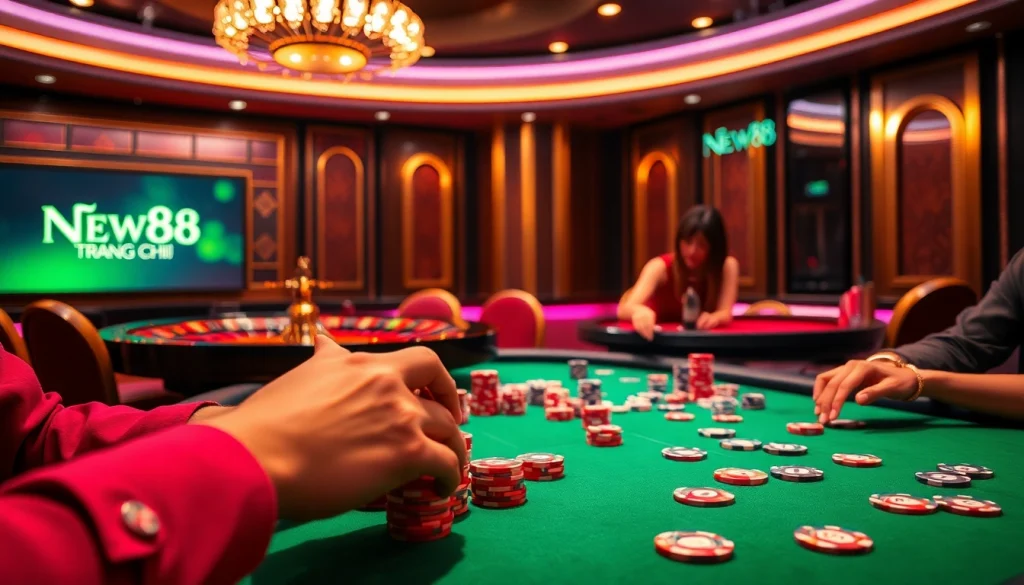 Experience the thrill of NEW88 Trang chủ at an exciting poker game featuring vibrant casino elements.