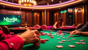 Experience the thrill of NEW88 Trang chủ at an exciting poker game featuring vibrant casino elements.