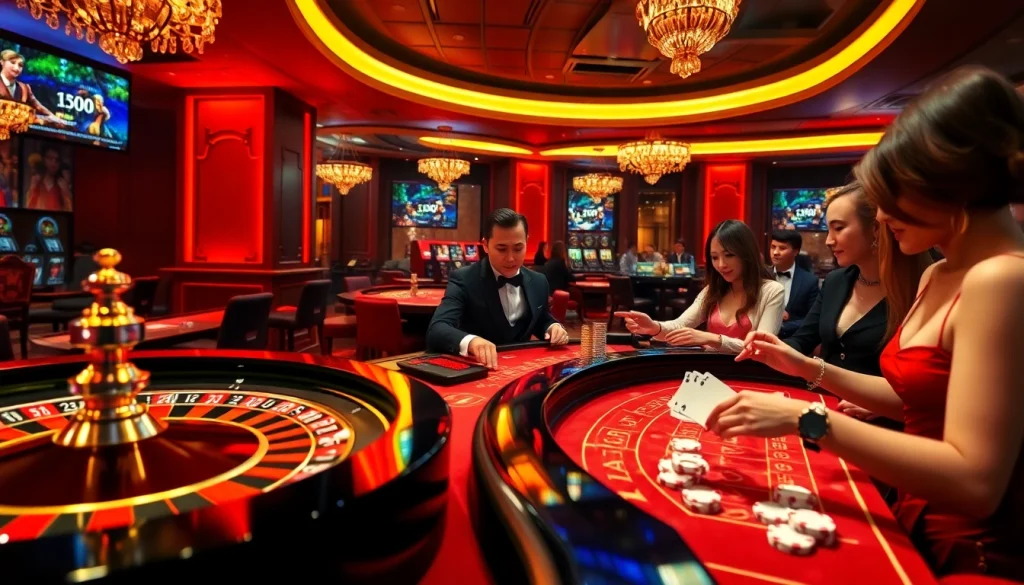 Experience the excitement of gambling at Trang Chủ Jun88 with a vibrant casino atmosphere, featuring a roulette table and elegant dealer.