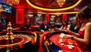 Experience the excitement of gambling at Trang Chủ Jun88 with a vibrant casino atmosphere, featuring a roulette table and elegant dealer.