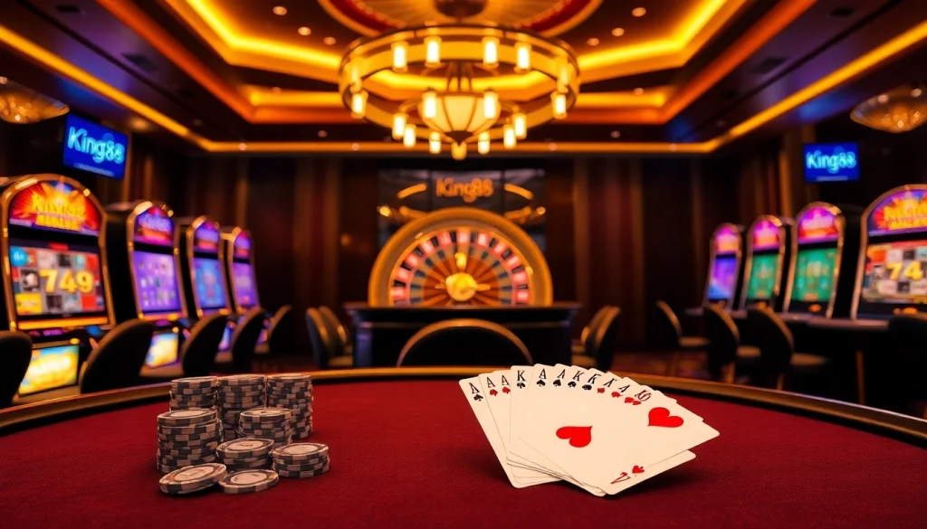 Players enjoy a thrilling game at the King88 casino table filled with poker chips and cards.