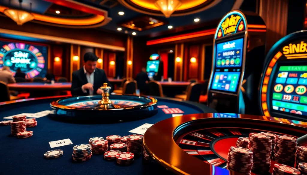 Experience the excitement of gaming at sinbet.ink with vibrant casino elements like roulette wheels and poker chips.