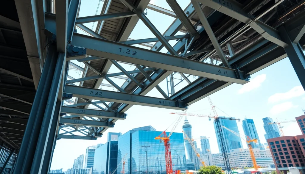 Showcasing a professional steel structure design with intricate beams against an urban backdrop.