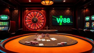Experience the excitement of W88 gambling with vibrant slot machines and poker tables in a luxurious setting.