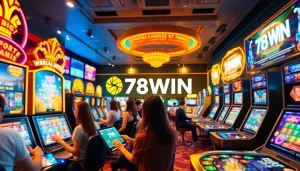 78WIN's vibrant online gaming scene showcasing slot machines and sports betting excitement