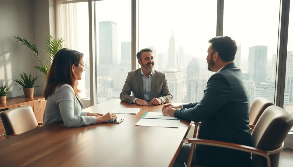 Real Estate agent assists clients in a modern office, showcasing professionalism and collaboration.