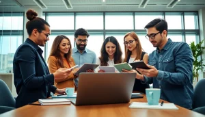 Professional team utilizing WPS下载 on various devices in a bright office setting.