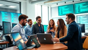 Hire Asp.net developers showcasing teamwork in a modern office, emphasizing collaboration and technology.