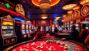 Players enjoying vibrant slot machines at a luxurious casino, featuring 33win 66 elements.