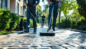 Profesionalni postopek čiščenja tlakovcev, ki prikazuje sijoče poti in strokovne tehnike čiščenja tlakovcev.