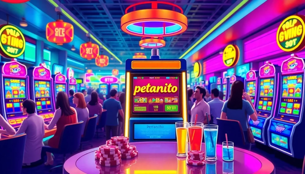 Permainan slot petanitoto yang menakjubkan di kasino dengan pencahayaan cerah dan suasana meriah.