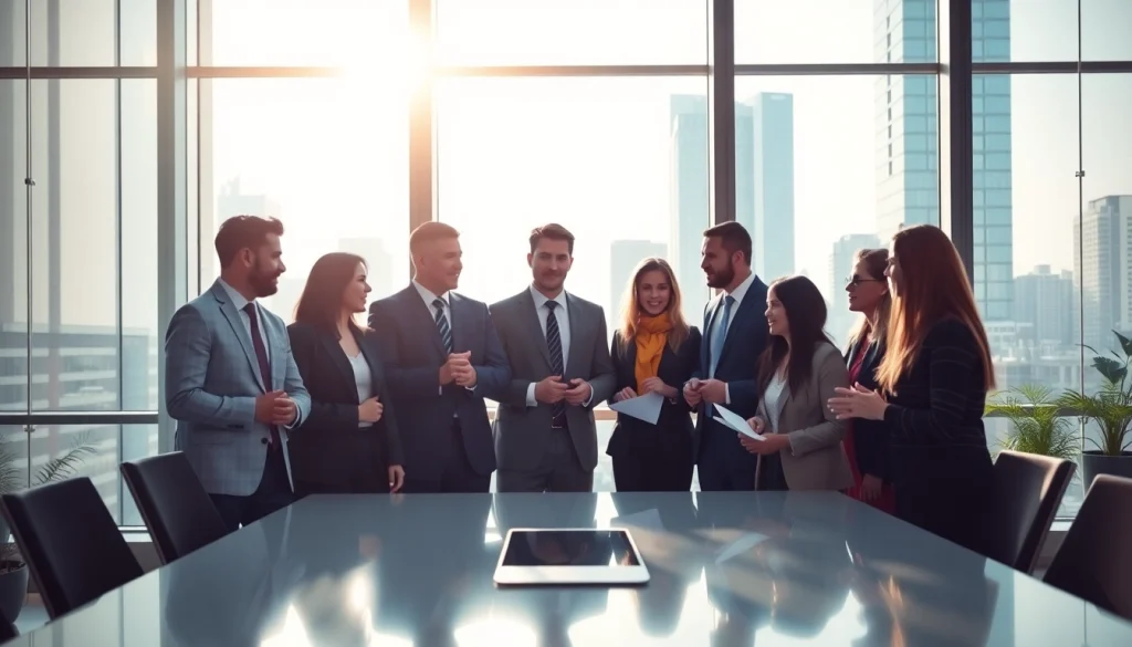 Business meeting in a modern office with a diverse team collaborating on strategies.