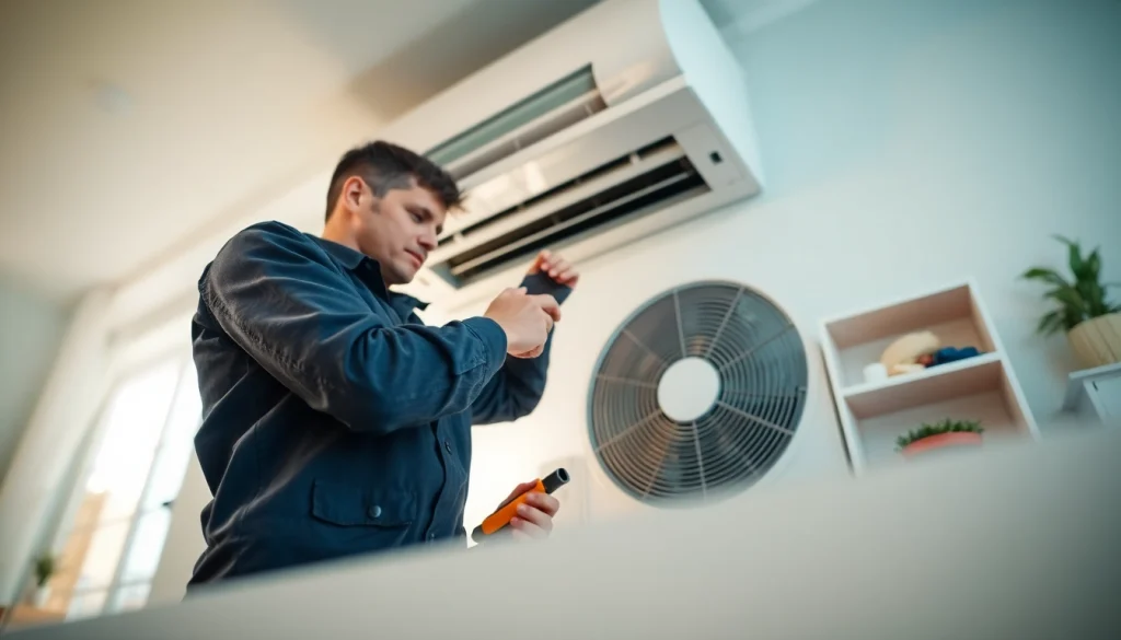 AC repair phoenix az in action, a professional technician fixing an air conditioning unit in a home.