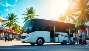 Travel in style with https://miamicharterbus.com amid Miami's vibrant streets, featuring a luxurious charter bus.