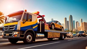 Efficient car recovery service from https://trtrecoveryuae.com illustrated with a tow truck and city setting.