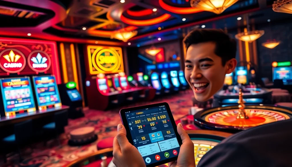 The SN888 App displayed on a mobile device amidst vibrant casino elements and gaming excitement.