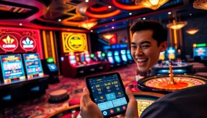 The SN888 App displayed on a mobile device amidst vibrant casino elements and gaming excitement.