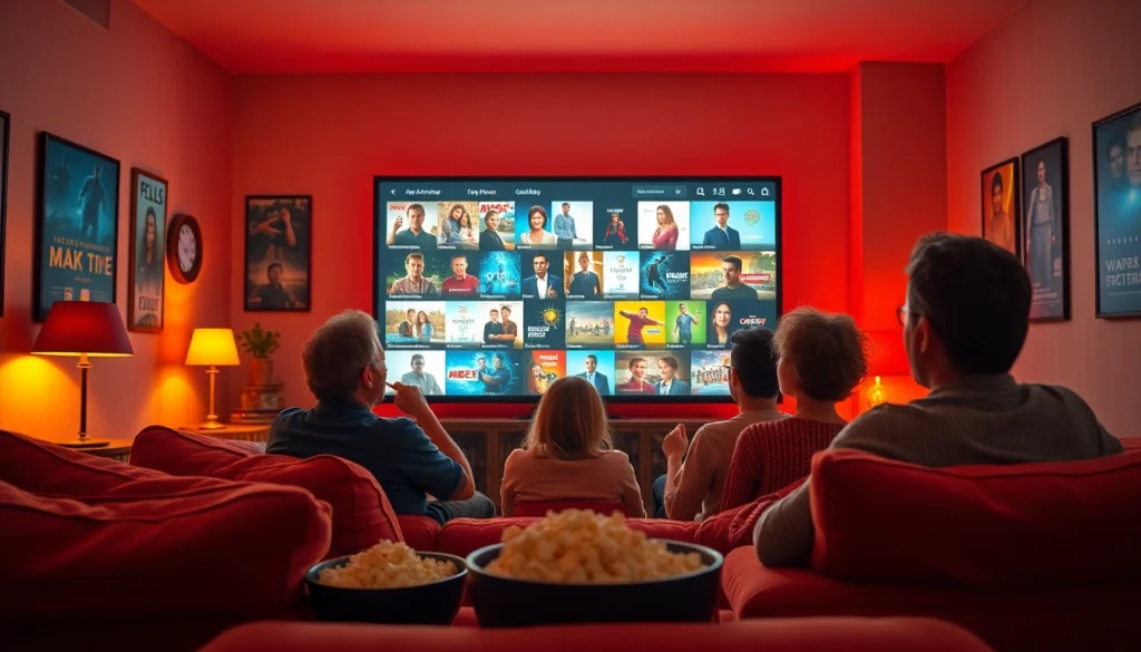 Family enjoying films online in a cozy home cinema setting with warm lighting.