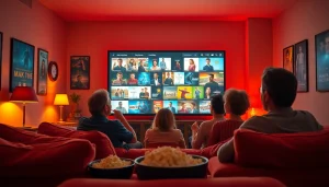 Family enjoying films online in a cozy home cinema setting with warm lighting.