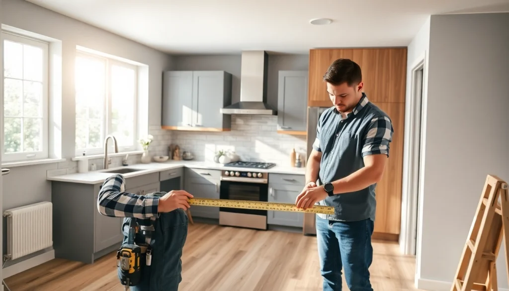 Enhancing home renovation with skilled contractor measuring kitchen space during remodel.
