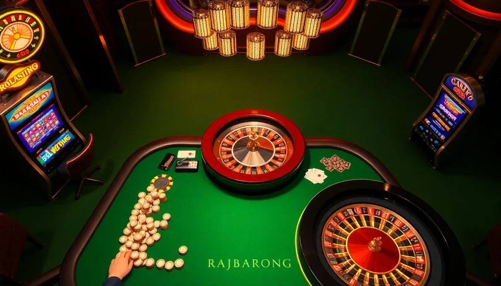 Experience the thrill of RAJABARONG at an upscale casino, featuring poker chips and a roulette wheel.