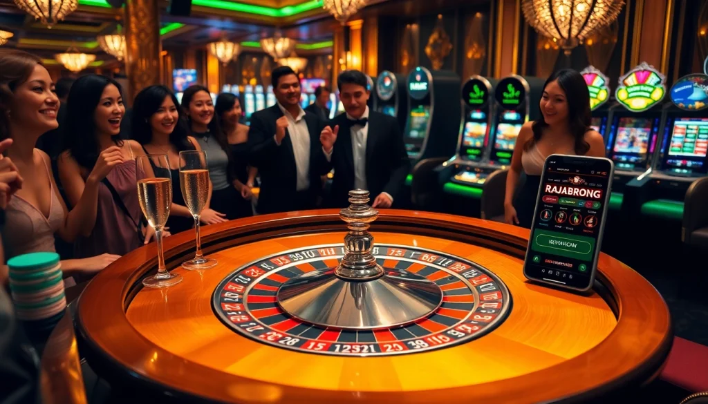RAJABARONG players celebrating their big win at a luxurious casino with roulette.