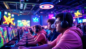 Engaged gamers showcasing intense focus at https://www.gamelevate.com in a vibrant gaming arena.