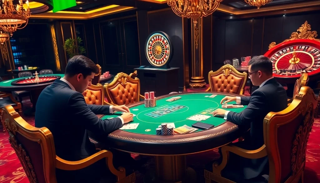 Professional players strategizing at U888's luxurious poker table in a vibrant casino.