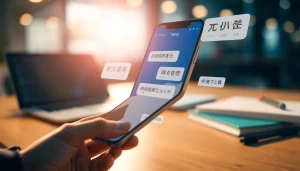 Youdao Fanyi mobile app showcasing multilingual translation in a sleek workspace environment.