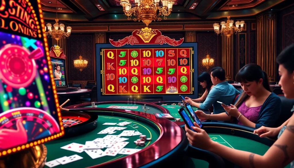 Engaged players enjoy exciting 온라인슬롯 action in a vibrant casino scene filled with game elements.