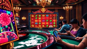Engaged players enjoy exciting 온라인슬롯 action in a vibrant casino scene filled with game elements.