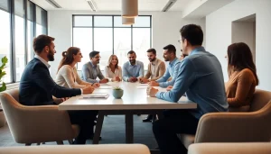 Engaging business discussion in a modern office showcasing collaboration.
