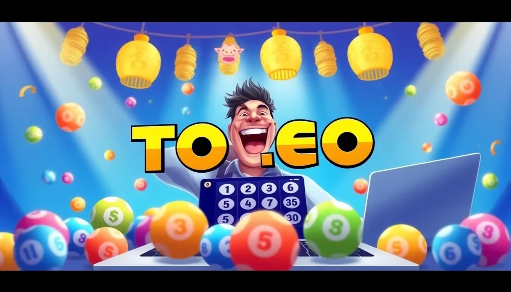 Adegan permainan Sumotogel yang seru dengan bola togel berwarna-warni dan seorang pemain yang bahagia.