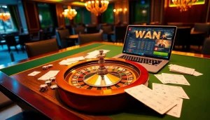 Exciting online betting scene showcasing สมัครแทงบอล with poker chips and a vibrant casino backdrop.