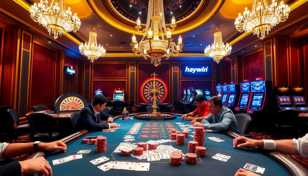 Experience high-stakes gambling action at Haywin's luxurious casino with poker tables and roulette.