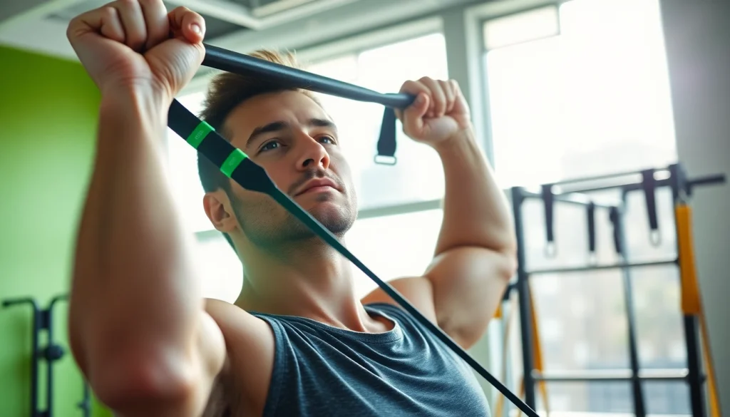 Individual performing pull-up exercises with a pull-up assist band in a modern gym environment