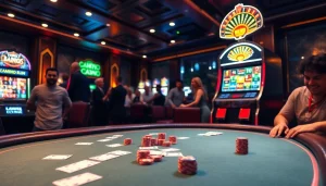 Engaging scene of players enjoying 68 game bài at a vibrant poker table in a luxurious casino atmosphere.
