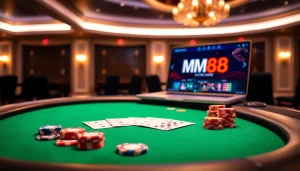 Get into the action at MM88 with vibrant poker chips and an online gambling interface.