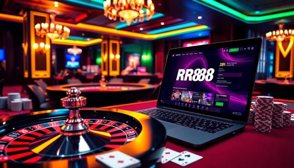 Experience the thrill of RR88 online gambling with vibrant casino visuals and gaming elements.
