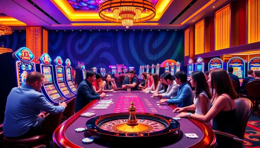Engaged gamblers enjoying a vibrant gaming experience at https://nova8886.com/ with casino tables and slot machines.