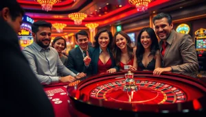 Người chơi tham gia ăn mừng chiến thắng của họ tại bàn roulette, thể hiện sự hứng khởi của https://luck8.net.